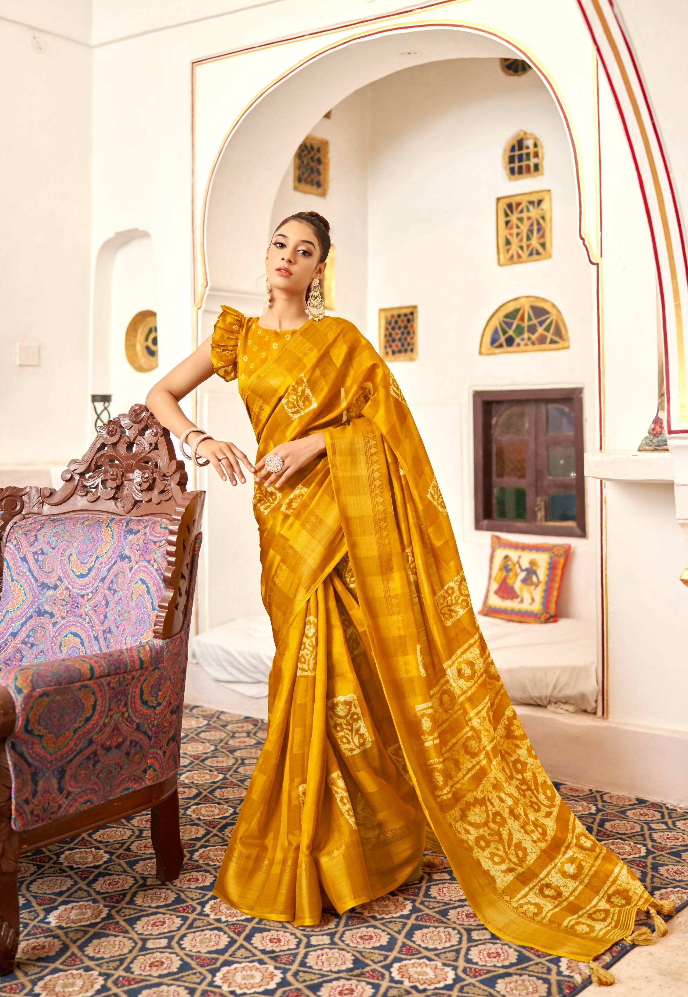 Mustard Patta Poly Cotton Floral Printed Saree With Unstitched Blouse Piece - Shades