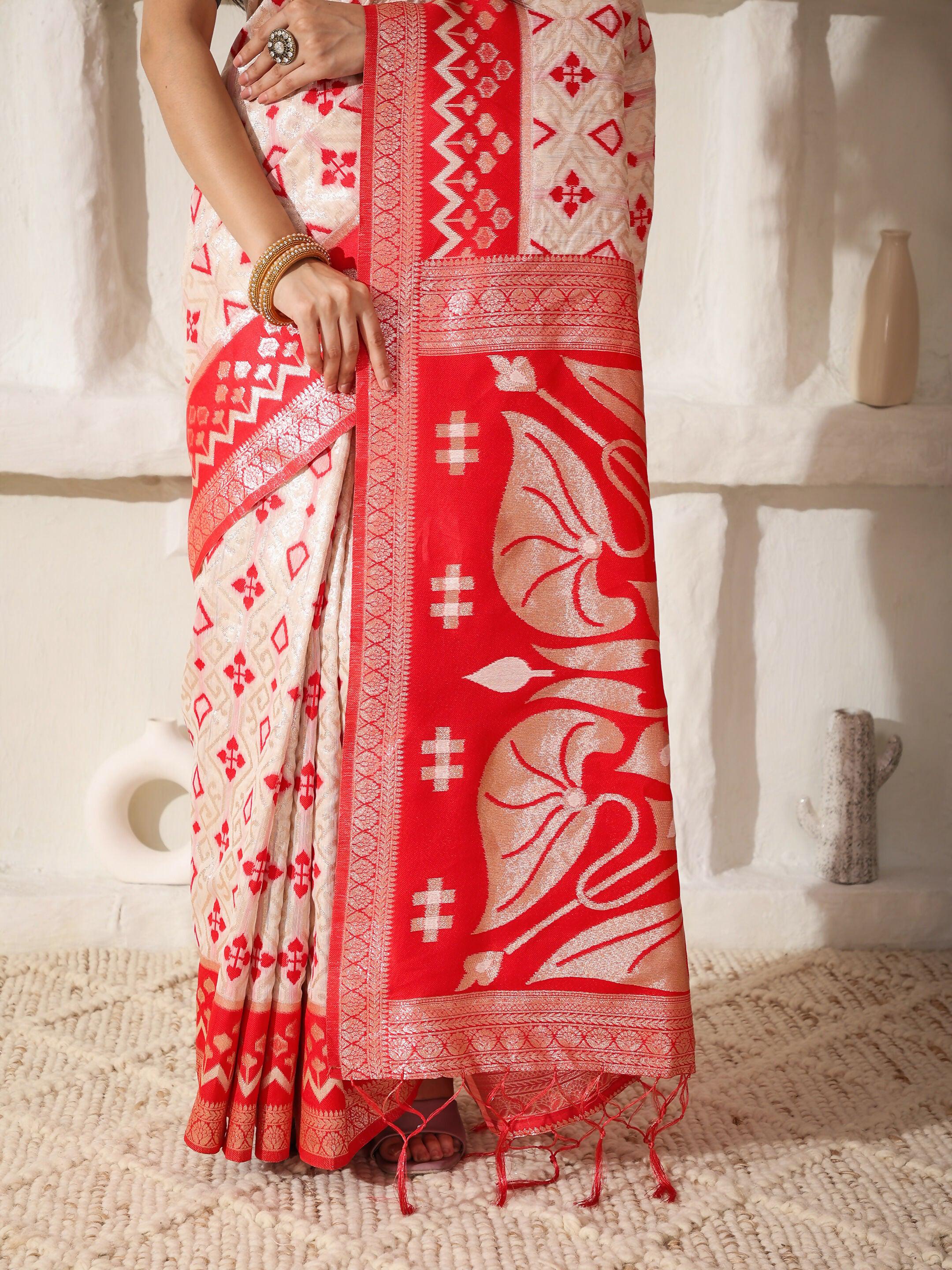 Shree Shyam Fashion Linen Cotton Red & White Saree