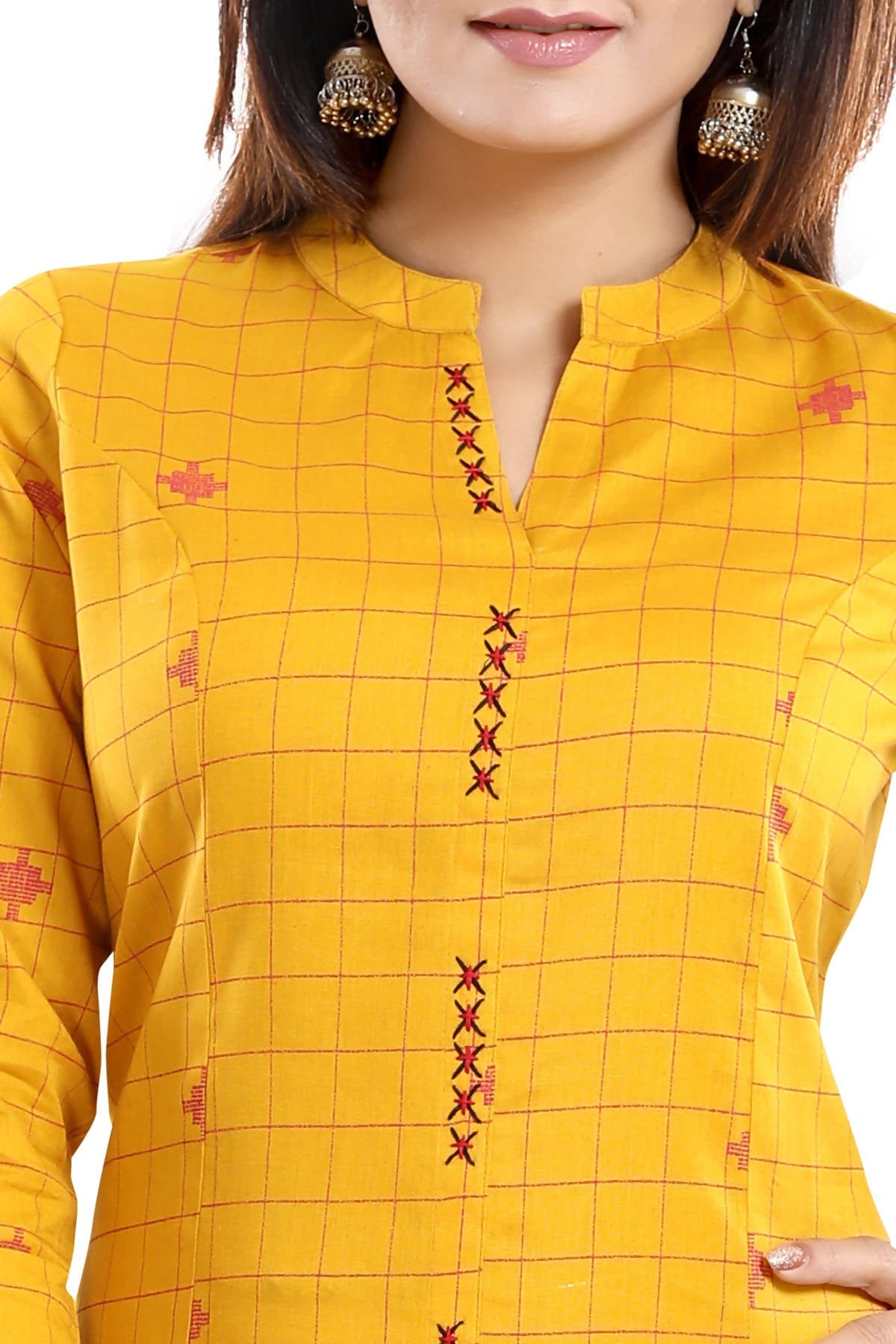 Snehal Creations Checkered Print Yellow Long Cotton Kurti
