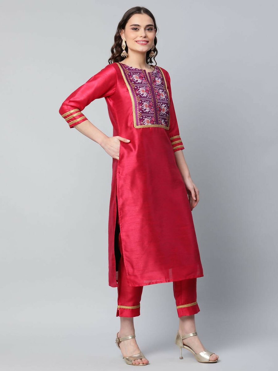 Ahalyaa Womens Red Art Silk Printed Kurta Pant Set