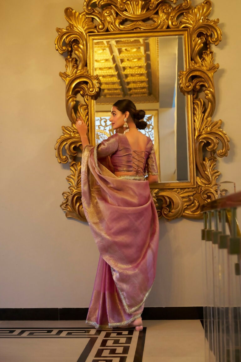 Vastranavya Baby Pink Tissue Shimmer Zari Weaving Work Saree with Unstitched Blouse