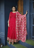 Jyoti Fashion Women's Red Faux Blooming Sequins with Zari Embroidery Anarkali Dress with Dupatta