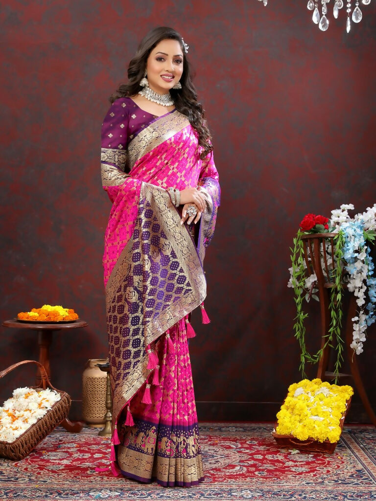 Vastranavya Pink Soft Patola Silk With Meenakari Weaving Motifs And Rich Zari Weaving Pallu Saree With Matching Blouse Fabric