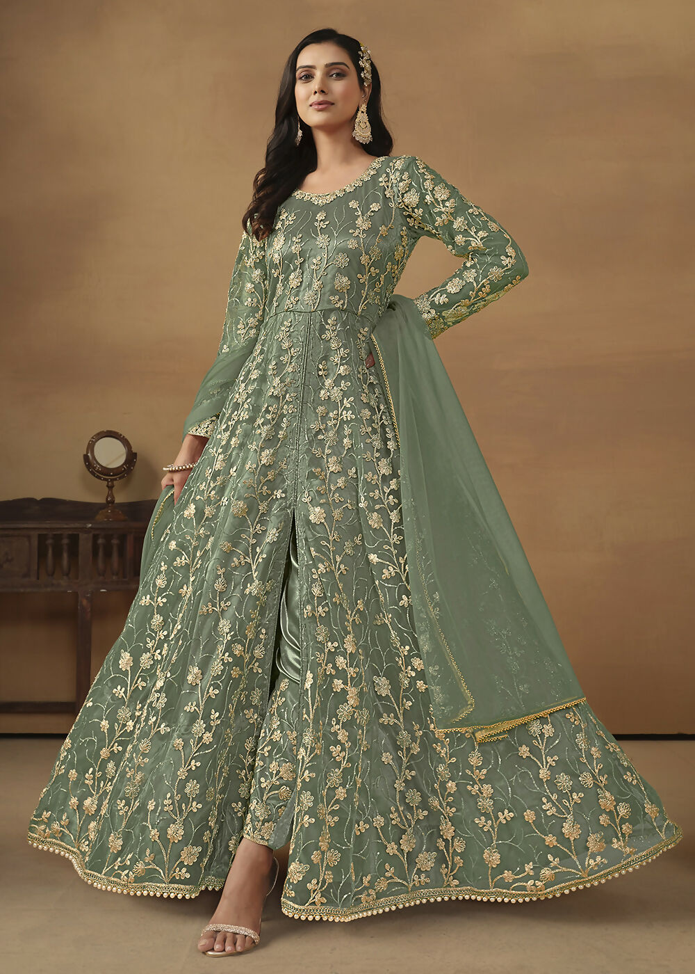 Pant Style Sage Green Embroidered Net Wedding Anarkali Suit - Emponline