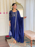 The52 Blue Women's Beautiful Embroidered Vichitra Silk Fabric with Flared Kurta, Pant and Dupatta Set
