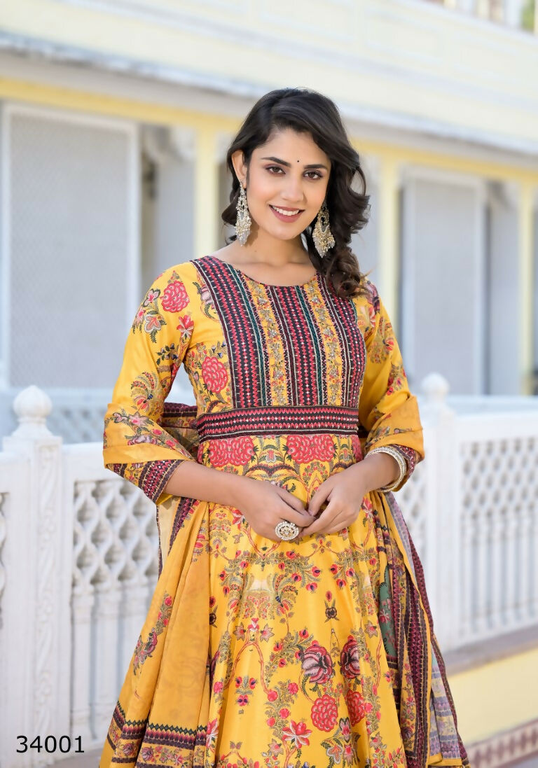 Partywear Designer Yellow Dola Silk Anarkali suit with Dupatta - Suzen