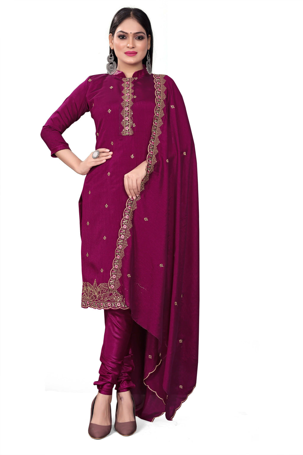 Purple Silk Embroidered with Sequins work Unstitched Dress Material - Tanvi