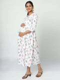 Manet Three Fourth Maternity Dress Floral Print With Concealed Zipper Nursing Access - White