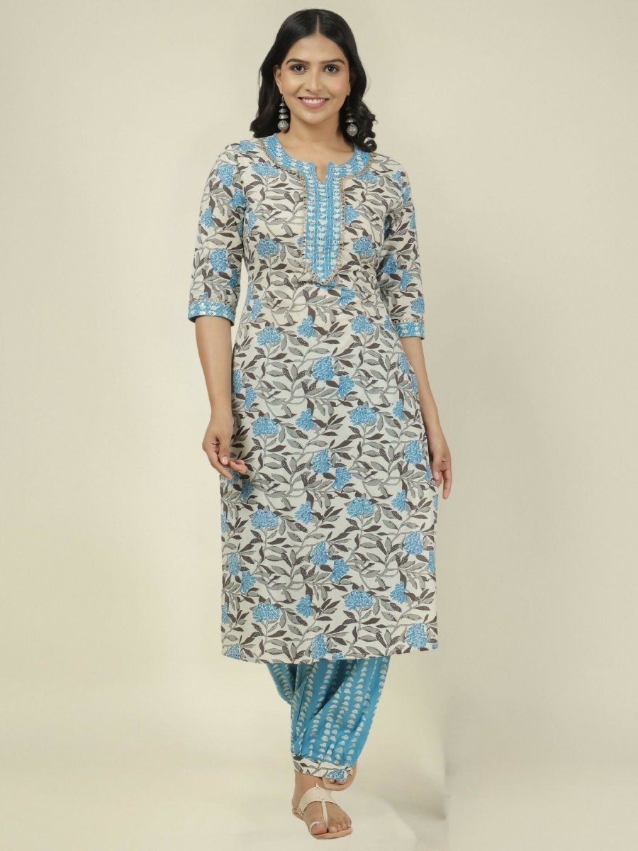 Aramya Cream Soft Cotton Floral Print Straight Kurta Set for Women