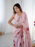Pink Chinon Designer Digital Printed,Mirror Cut Work Saree - Manvika