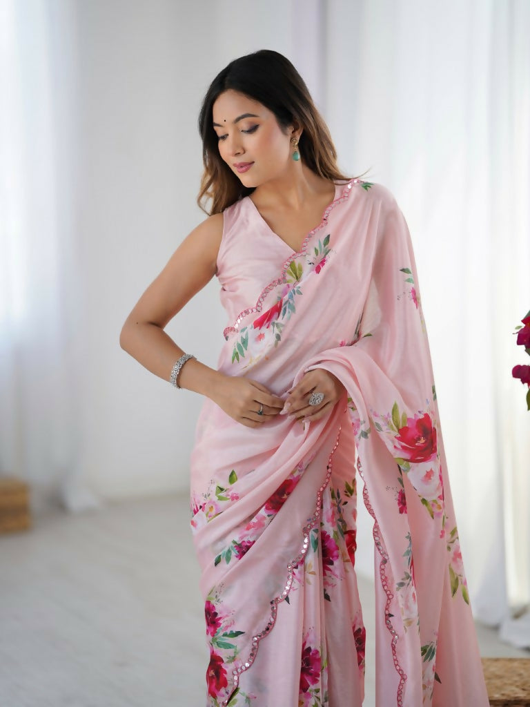 Pink Chinon Designer Digital Printed,Mirror Cut Work Saree - Manvika
