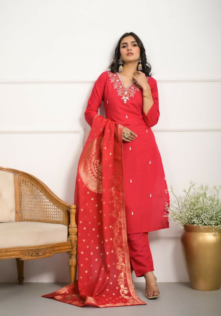 Festive Wear Ethnic Red Viscose Chanderi Stitched Suit With Dupatta - Tanisha