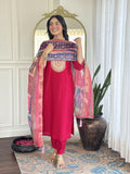 The52 Rani Gorgeous Embroidered Chanderi Silk Fabric Straight Kurta Pant with Dupatta Set