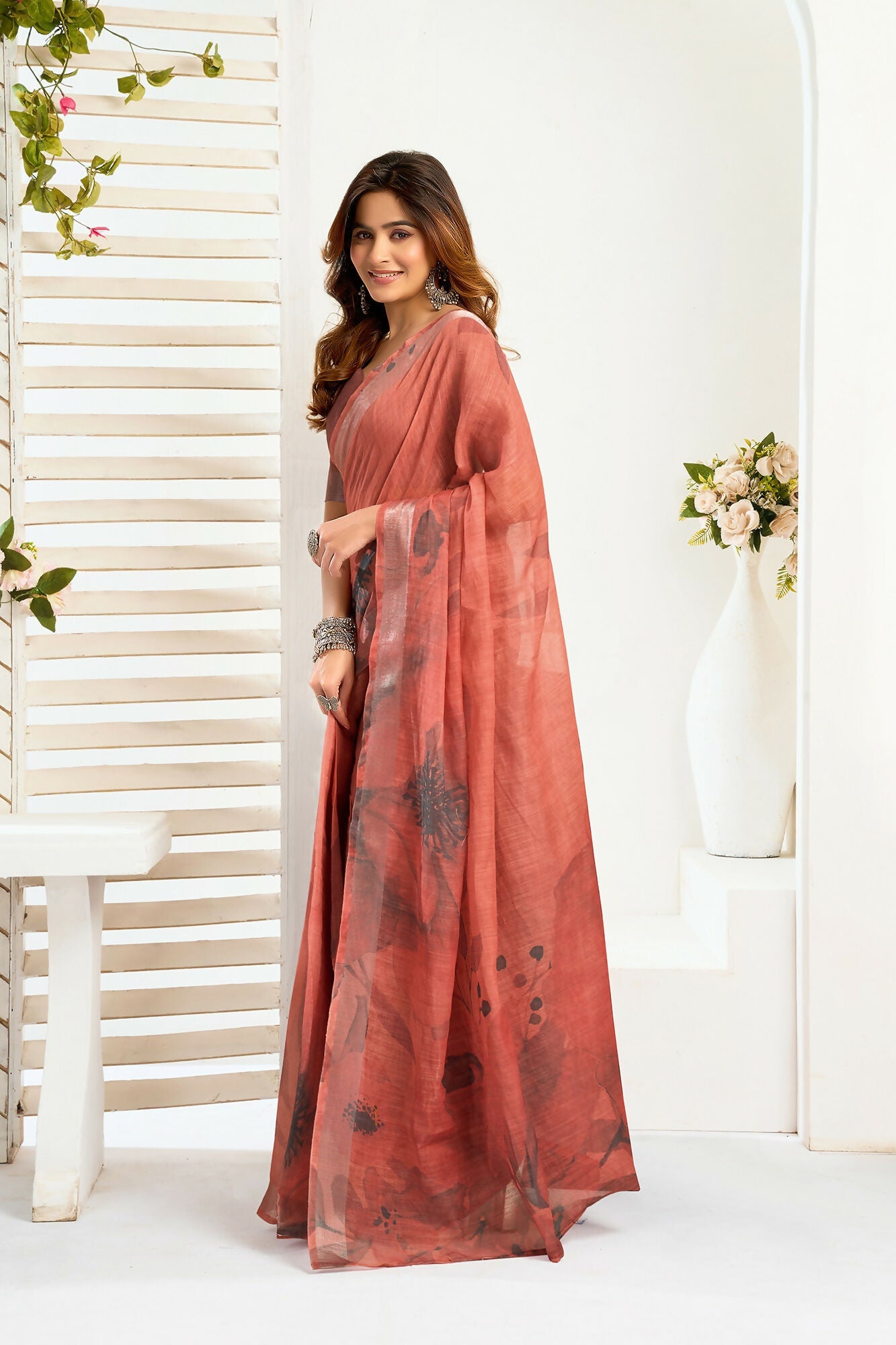 Vastranavya Brown Digital Printed Linen Ready To Wear Designer Saree with Unstitched Blouse