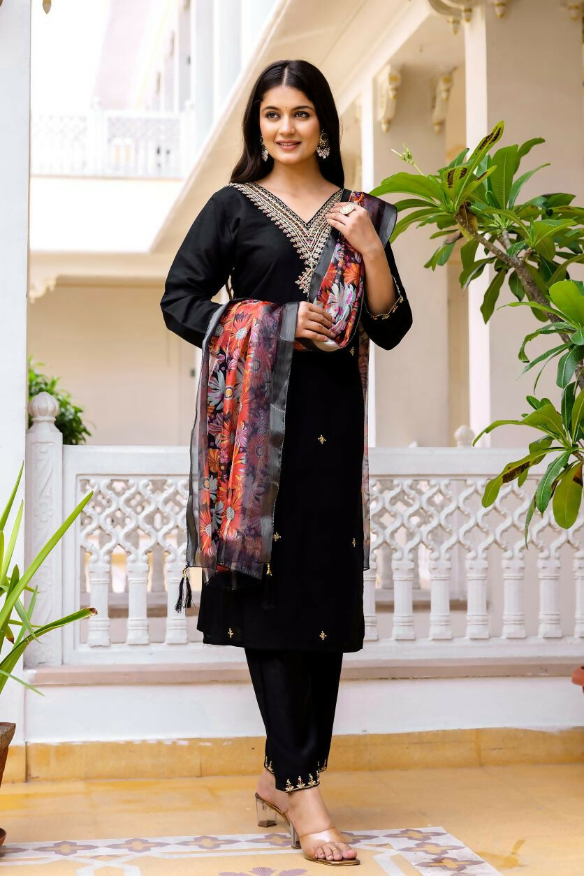 The52 Black Women's Beautiful Viscose Chanderi Fabric Embroidered Work Straight Kurta Pant and Dupatta Set
