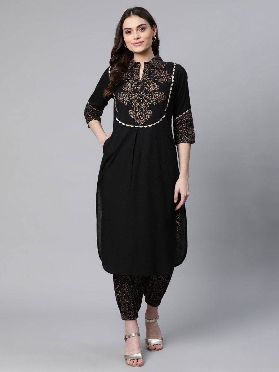 Ahalyaa Women Black Colour Pure Cotton Printed Kurta Pant Set