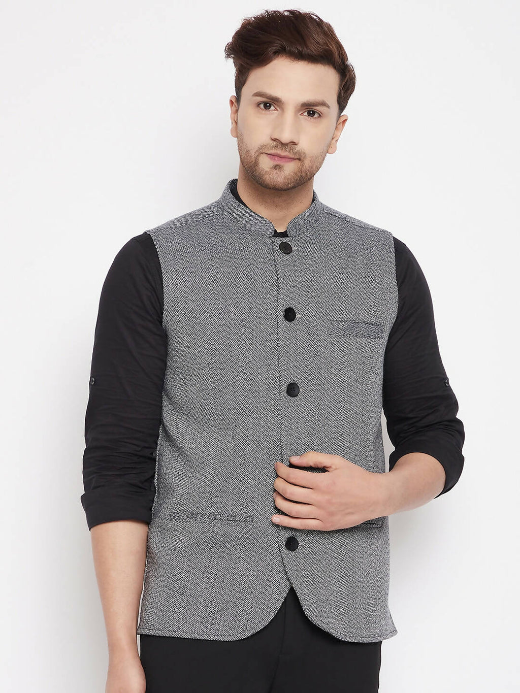 Even Apparels Grey Merino Men Woven Nehru Jacket PW689