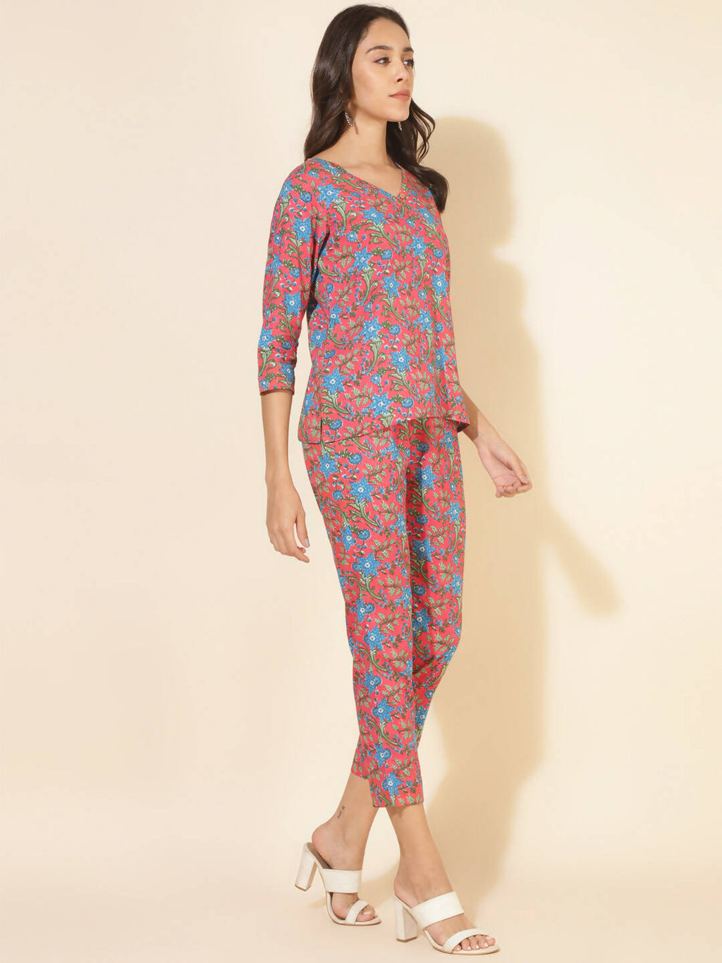 Janasya Women's Pink Cotton Floral Printed Casual Regular Co-ords