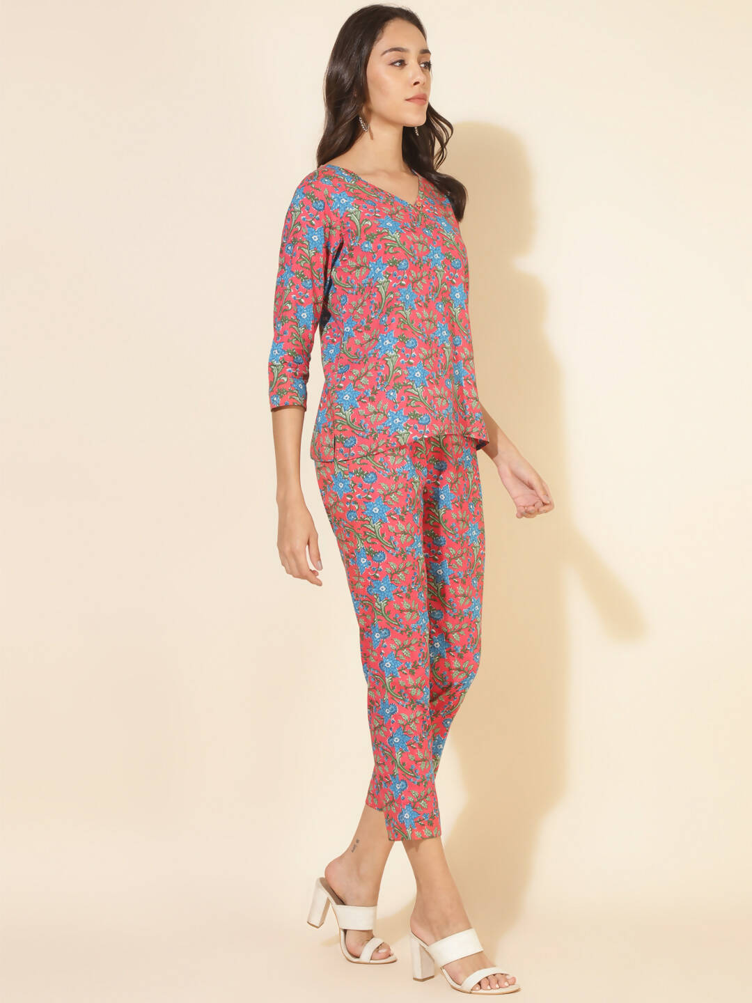 Janasya Women's Pink Cotton Floral Printed Casual Regular Co-ords