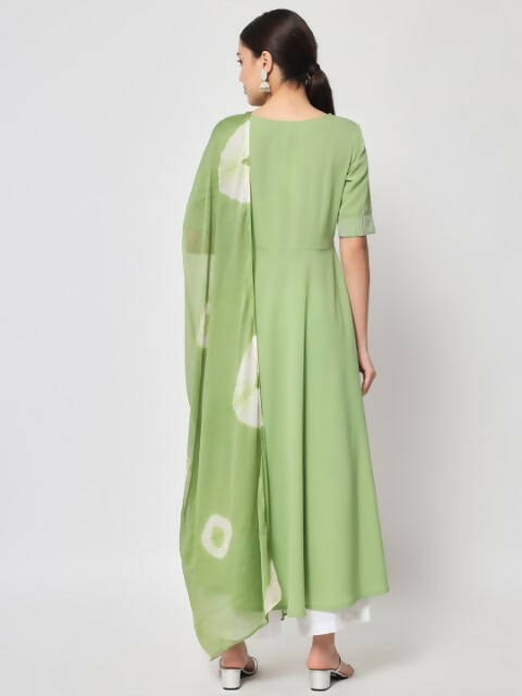 FIORRA Women's Pista Green Poly Crepe Flared Kurta With Dupatta