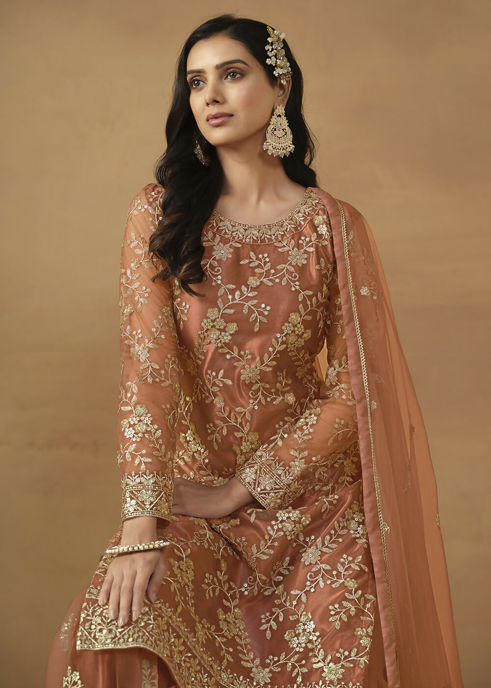 Tangy Brown Net Embroidered Wedding Festive Gharara Suit - Emponline
