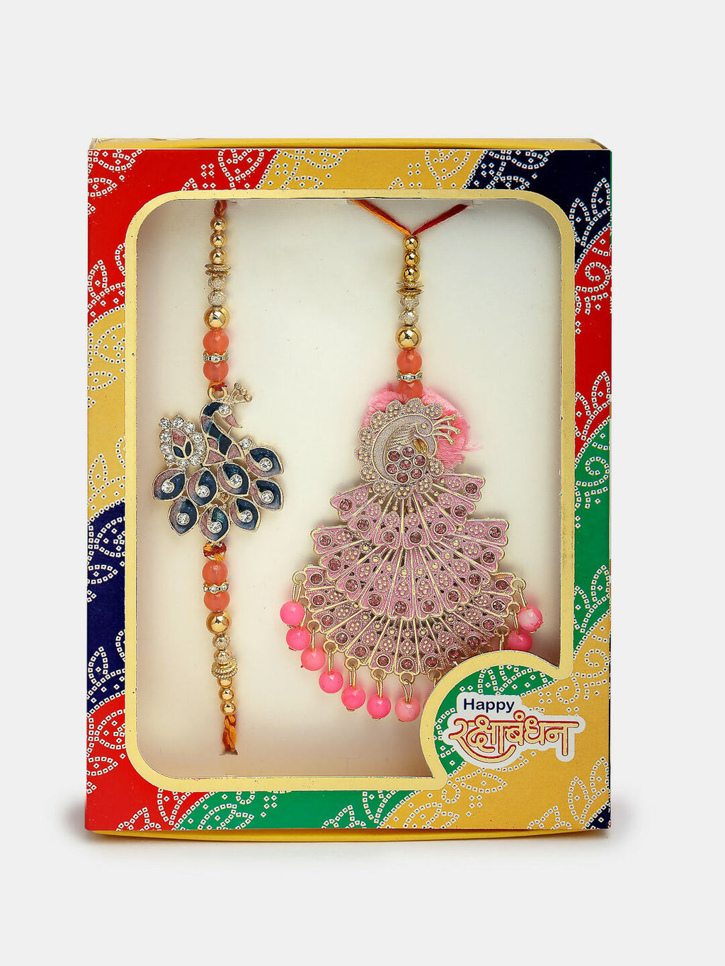 NVR Women & Men Set of 2 Multicolor Peacock Design Stone-Studded & Beaded Bhaiya Bhabhi Rakhi With Roli Chawal