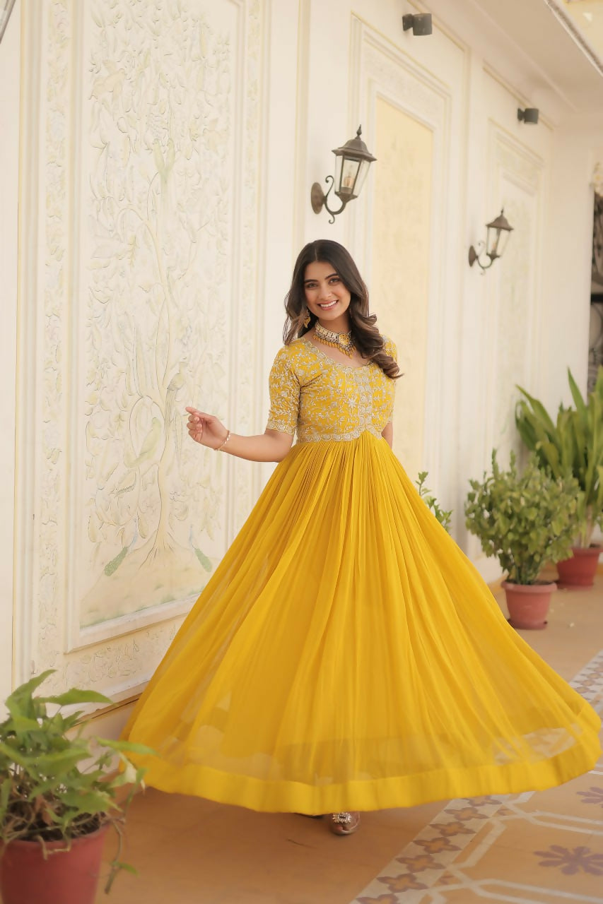 Vastranavya Faux Blooming with Embroidery Zari Sequins-work Gown - Yellow
