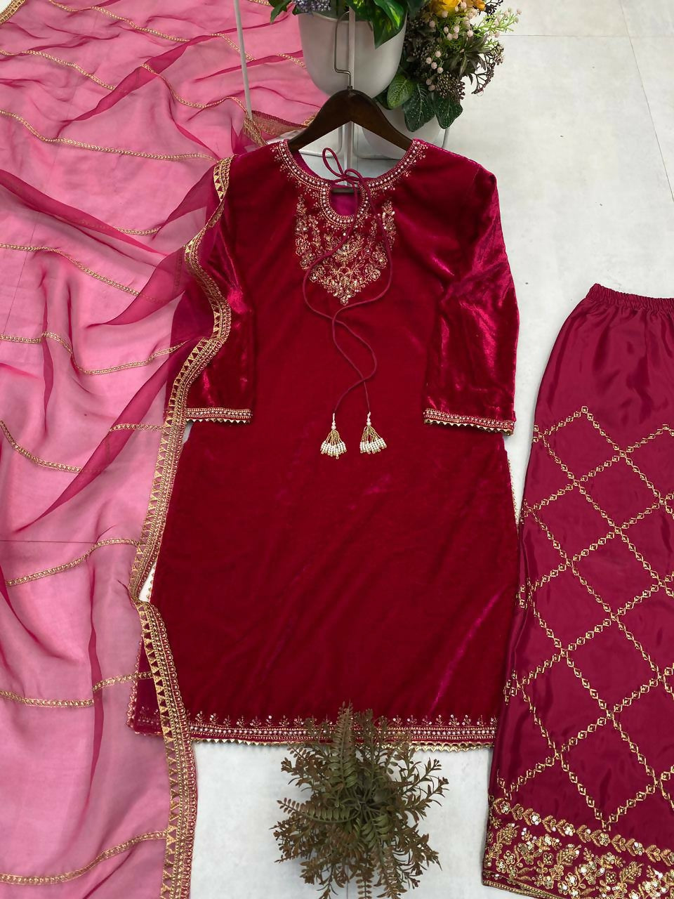 Vastranavya Pink Velvet Sequence Embroidery Work Kurta & Bottom With Dupatta