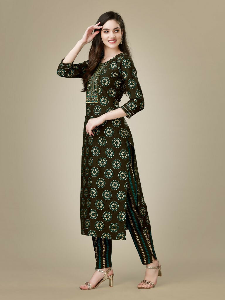 Jyoti Fashion Women's Dark Coffee Rayon Embroidered Kurta Pant Set