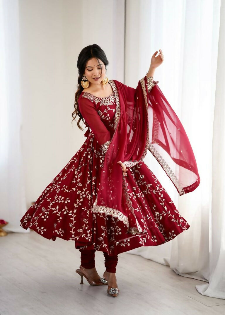 Teeya Creation Maroon Color Heavy Faux Georgette Embroidery Work Gown