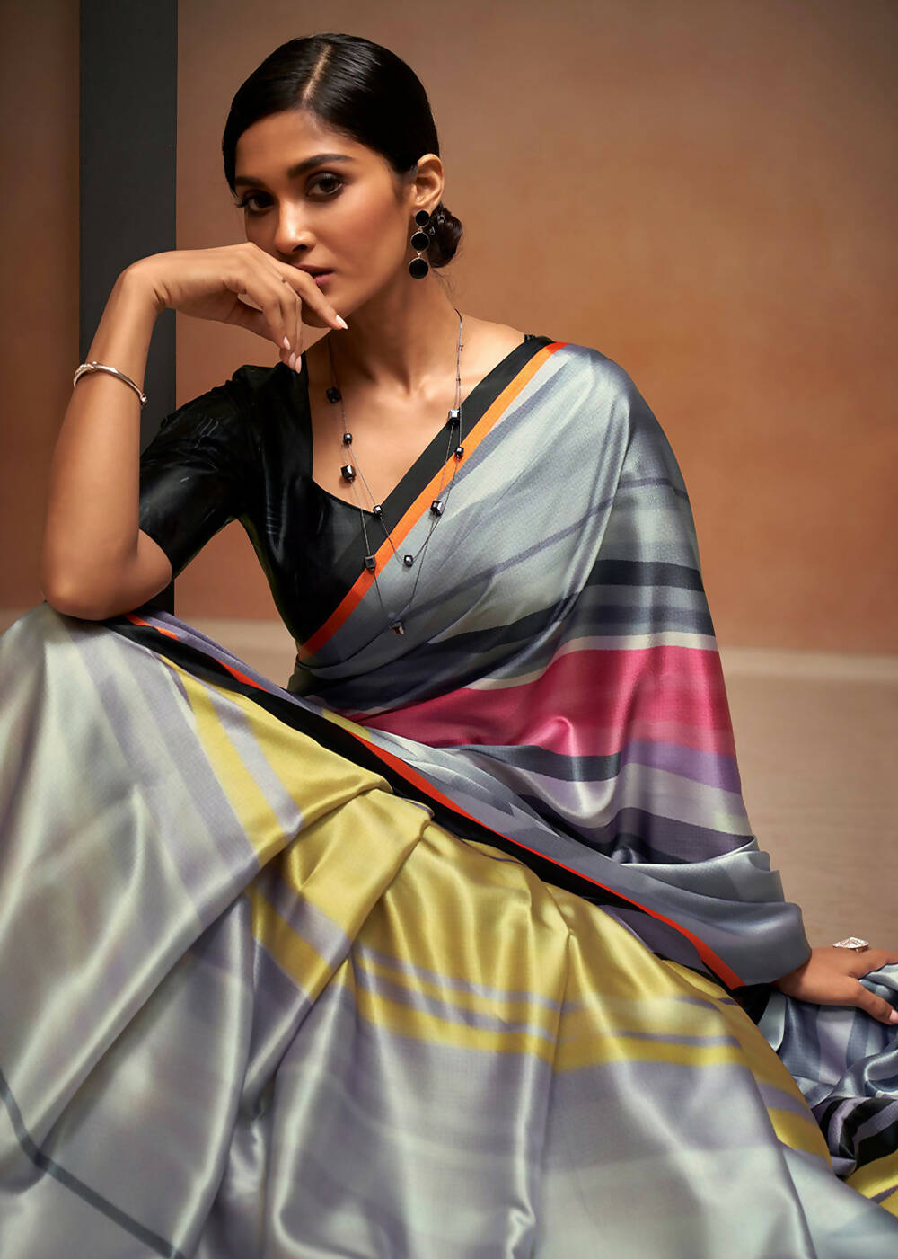 Grey Satin Digital Printed Saree with Unstitched Blouse Piece - Jodha