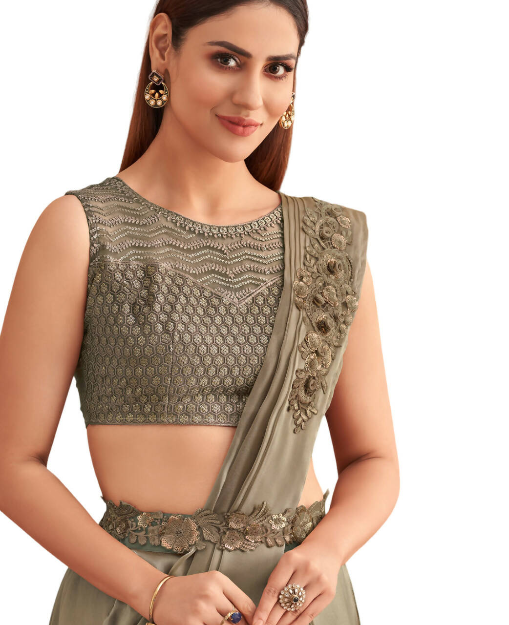 Green Satin Embroidered Ready To Wear Saree With Unstitched Blouse Piece - Nandika