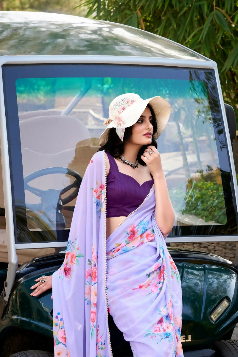 Vastranavya Lavender Weightless Marble Printed & Pearl Lace Border Saree with Unstitched Blouse