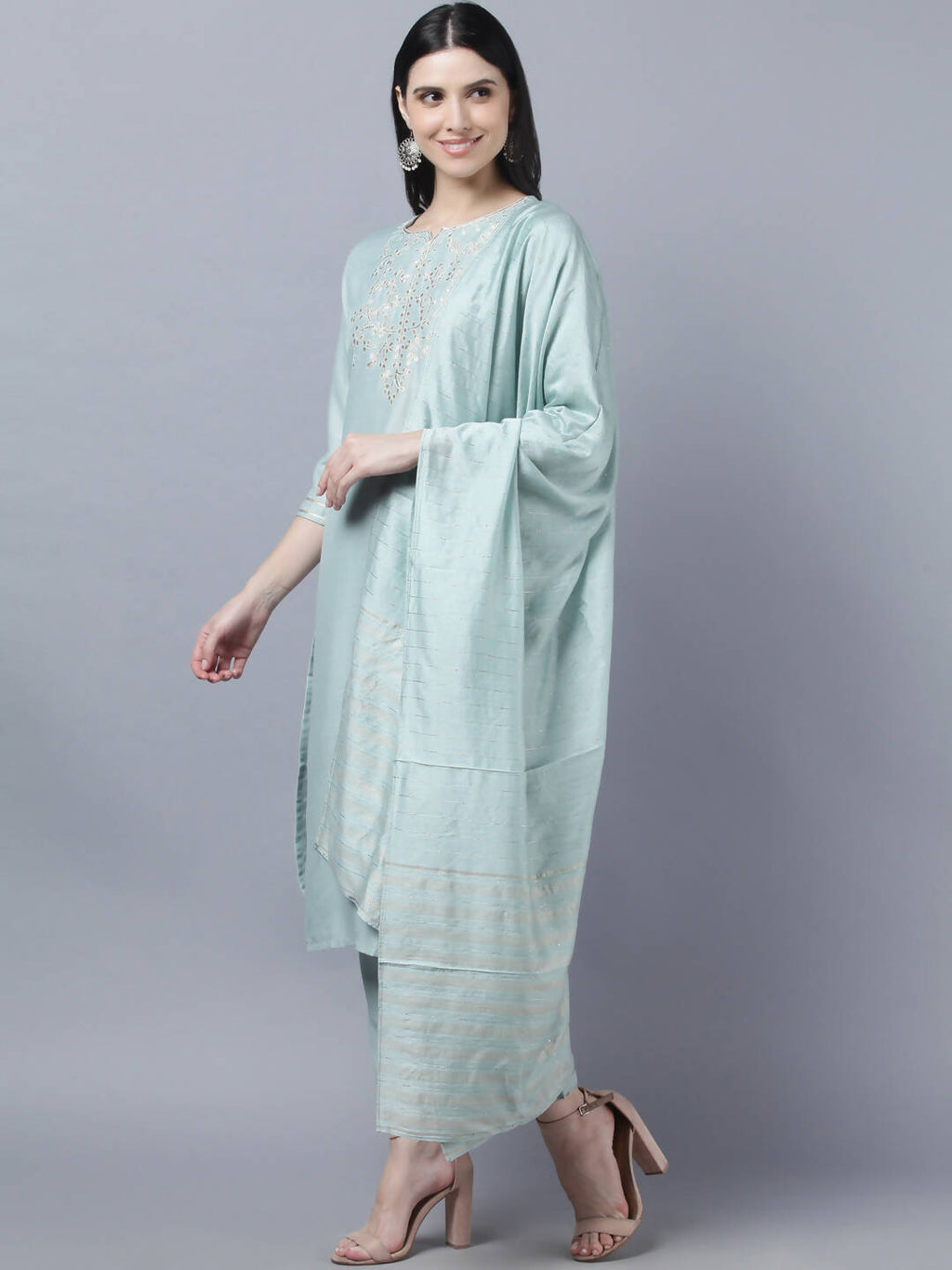 Myshka Women Grey Yoke Design Gotta Patti Kurta with Trousers Dupatta Set
