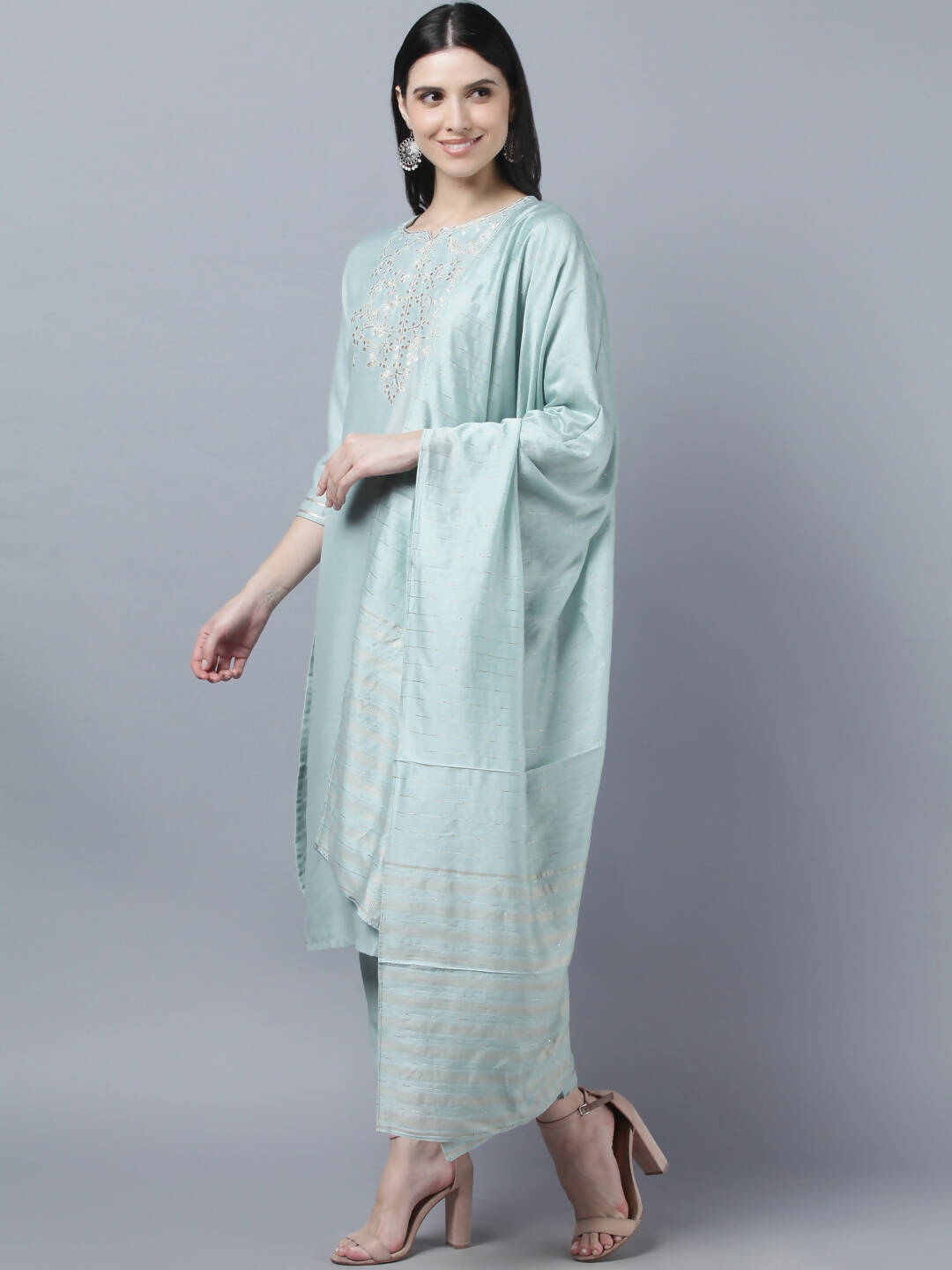 Myshka Women Grey Yoke Design Gotta Patti Kurta with Trousers Dupatta Set