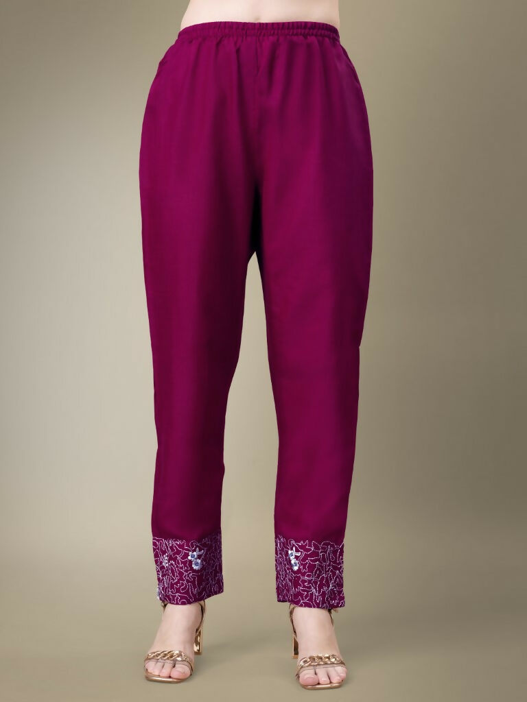 Jyoti Fashion Women's Purple Cotton Blend Embroidery & Fancy Lace work Kurta with Trouser & Dupatta