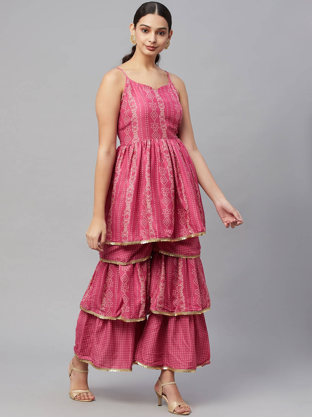 Myshka Pink Printed Sleeveless V Kurti Sharara Set