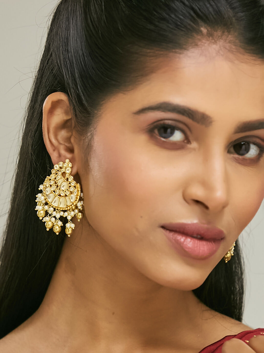 Nuyug 22K Gold-Plated Kundan Stone Studded & Pearl Drop Beaded Crescent Shaped Chandbalis