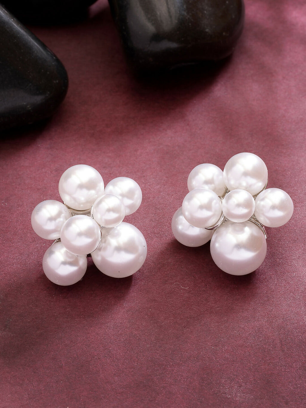 NVR Women's White Pearl Silver-Plated Circular Studs Earring