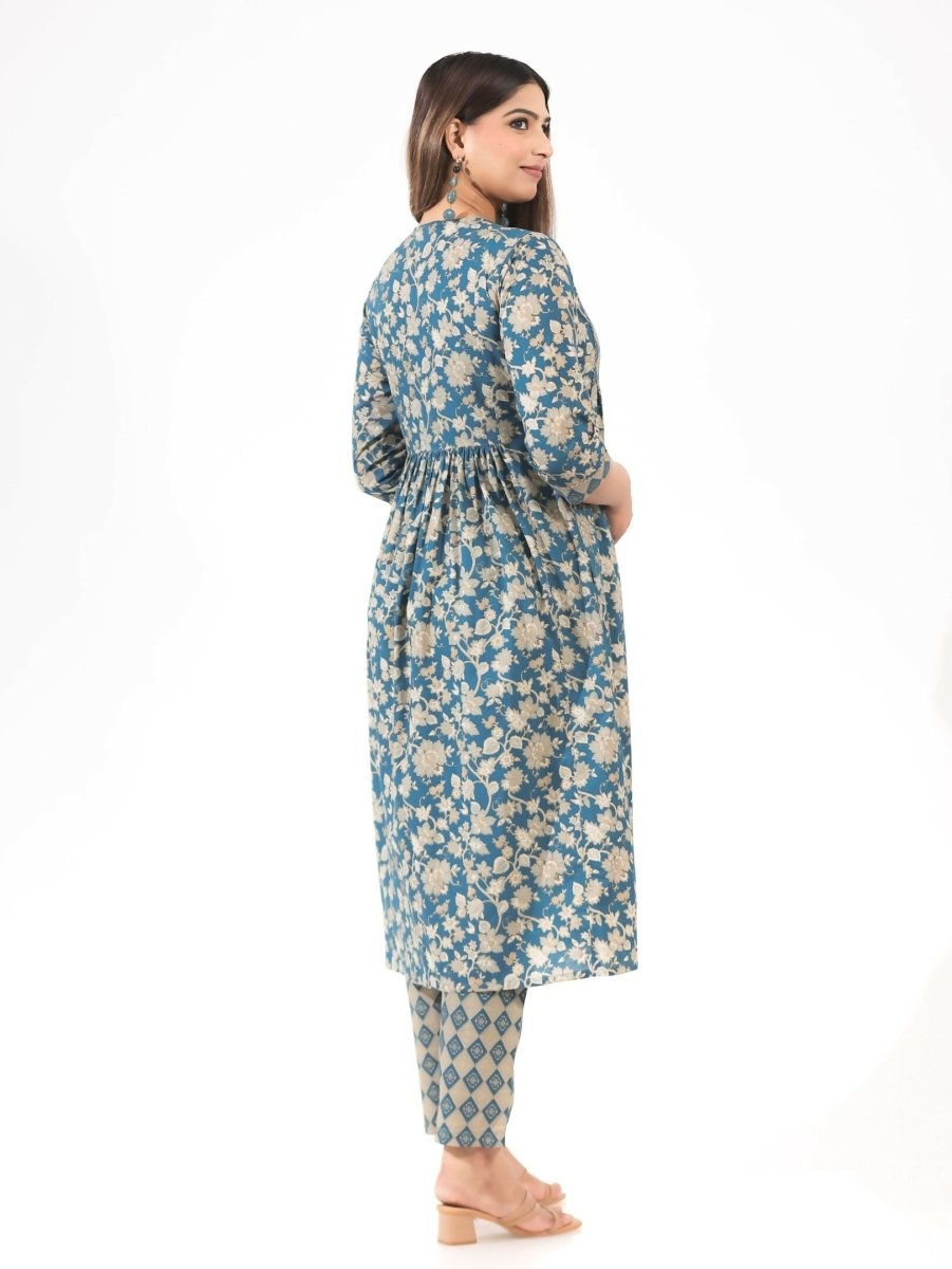 Aramya Blue Soft Cotton Gold foil Print A-line Kurta Set for Women