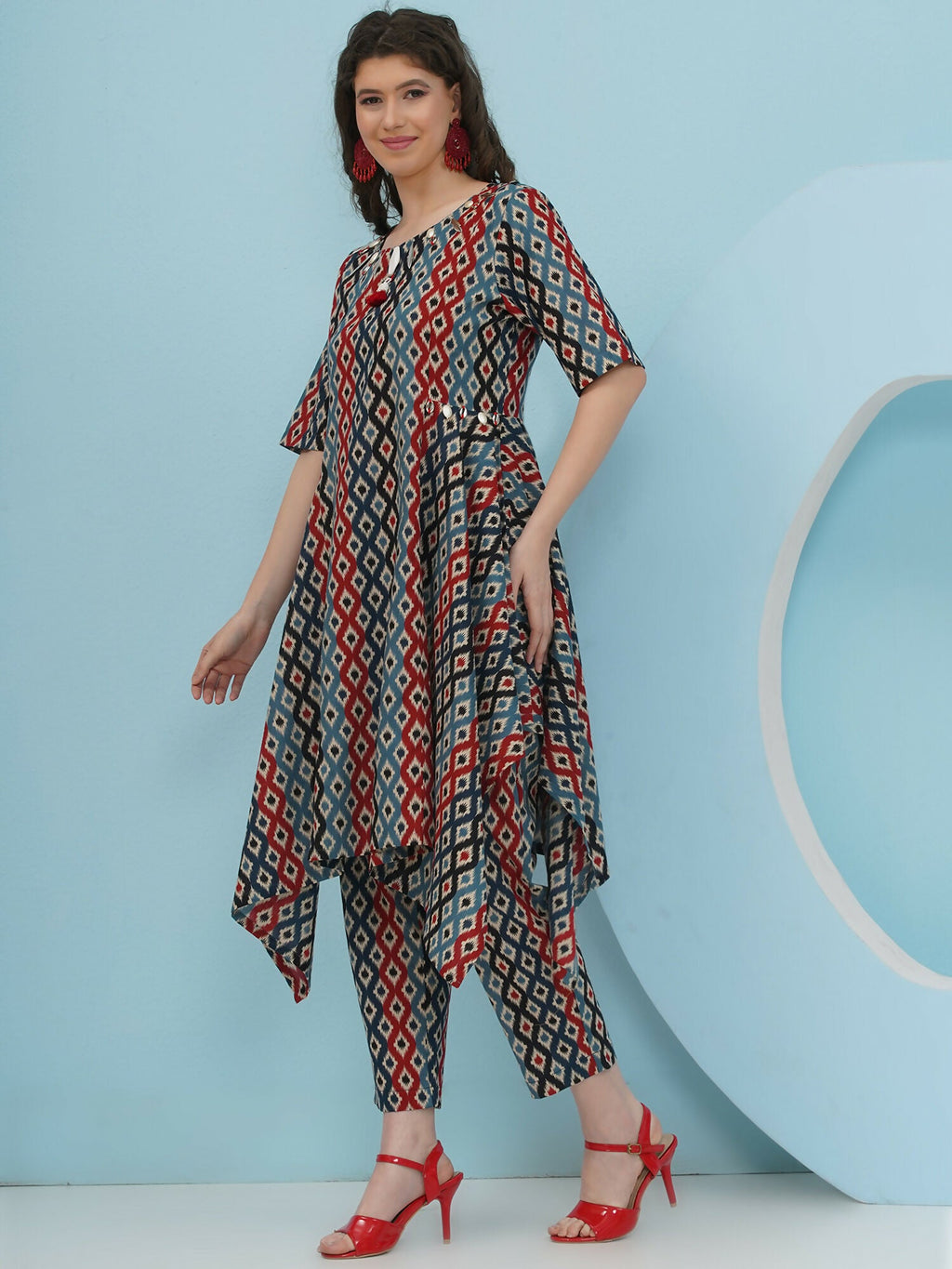 Joban Fashion Ikkat Printed Co Ord Set - Blue Red