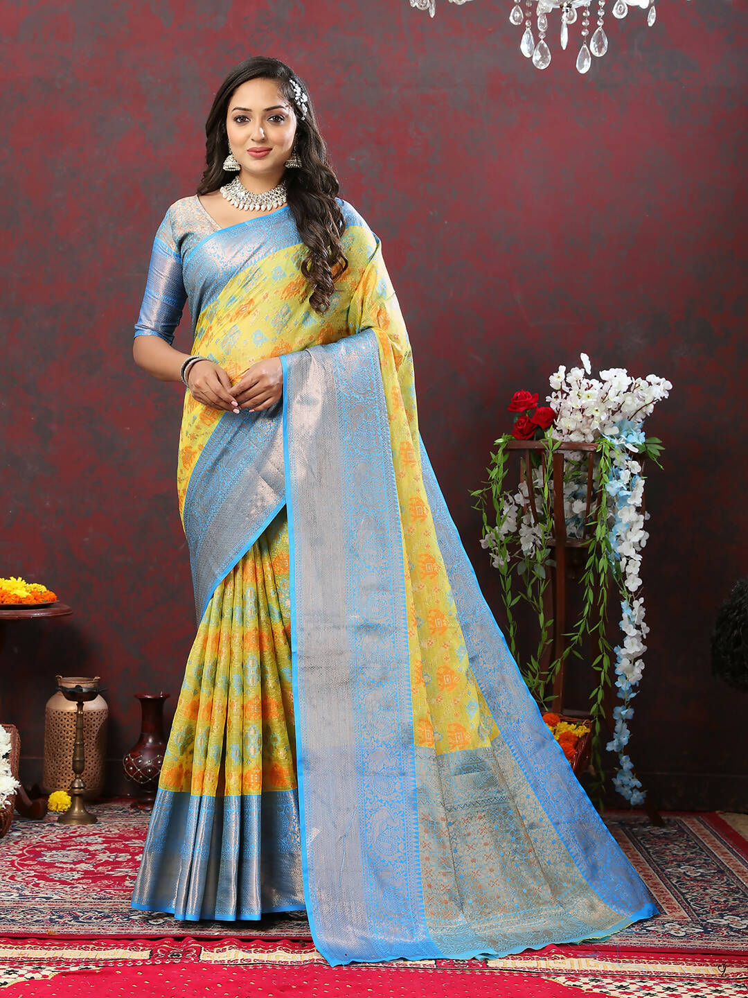Lorenvalley Fashion Yellow Cotton Woven Design Zari Meenakari Weaving Saree