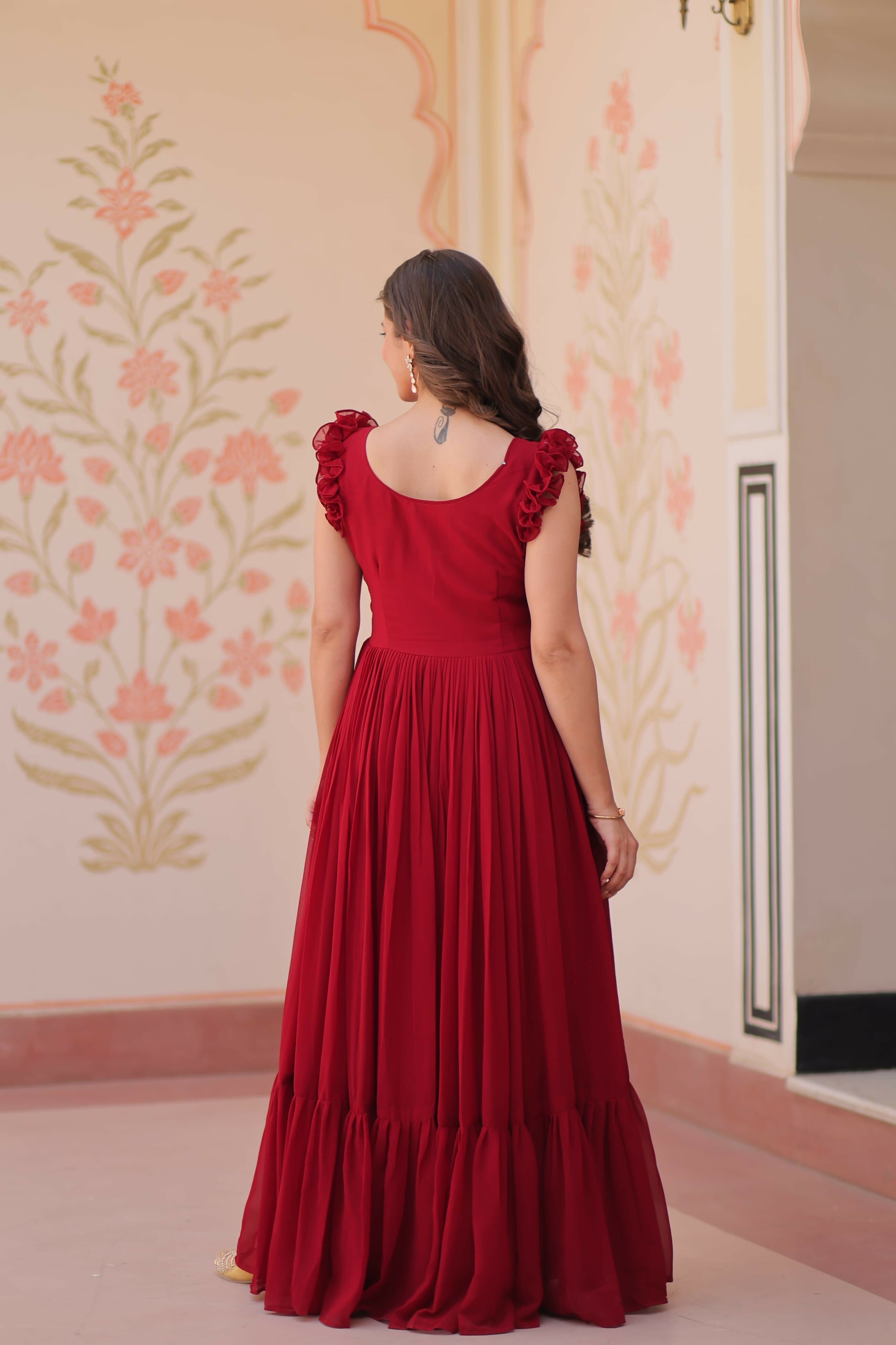 Vastranavya Maroon Faux Blooming With Sequins Multithreaded Beads Embroidered work Gown