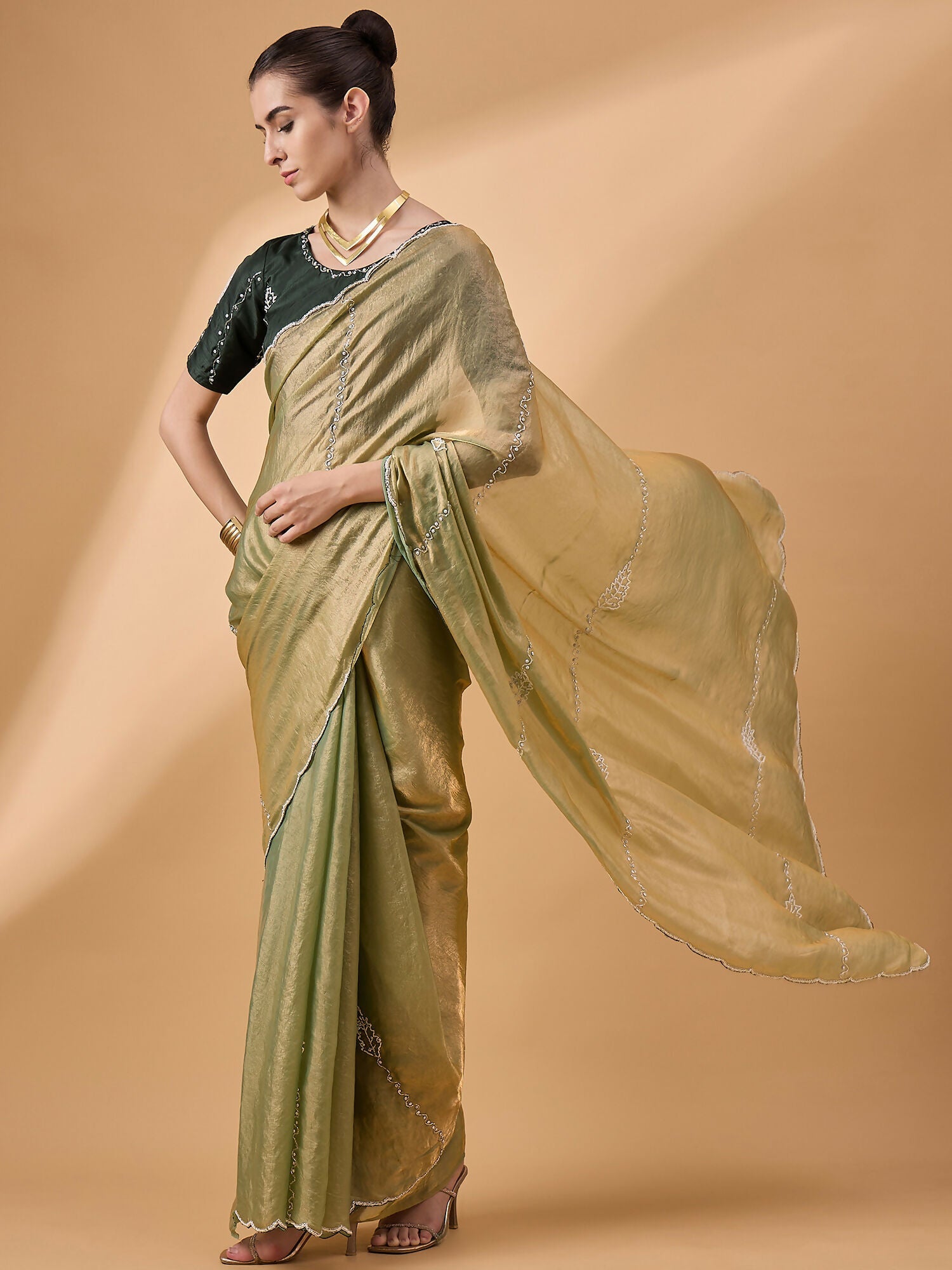 Green Muslin Embroidered Saree with Unstitched Blouse Piece - Satya