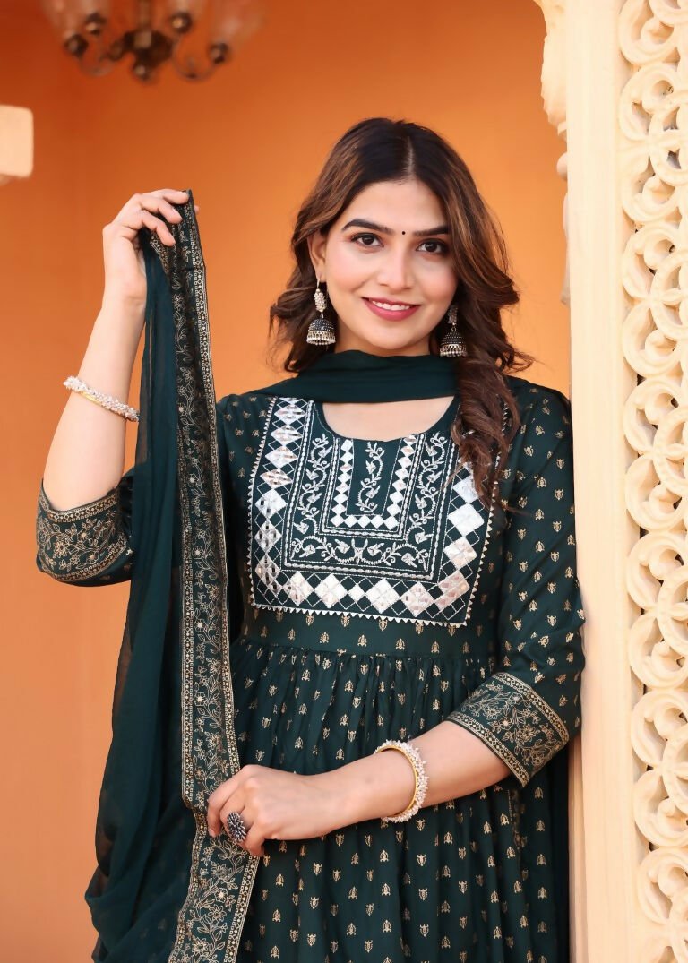 Alvano Women's Embroidery work Print Naira Cut Kurti with Pant and Dupatta set Rayon