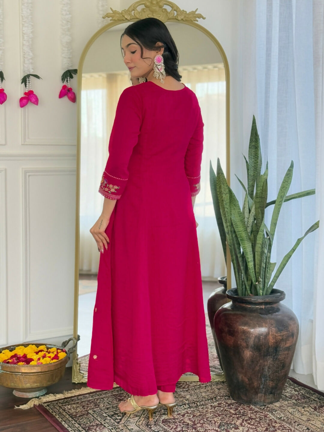 The52 Rani Women's Beautiful Embroidered Work Vichitra Silk Fabric Straight Kurta Pant and Dupatta Set