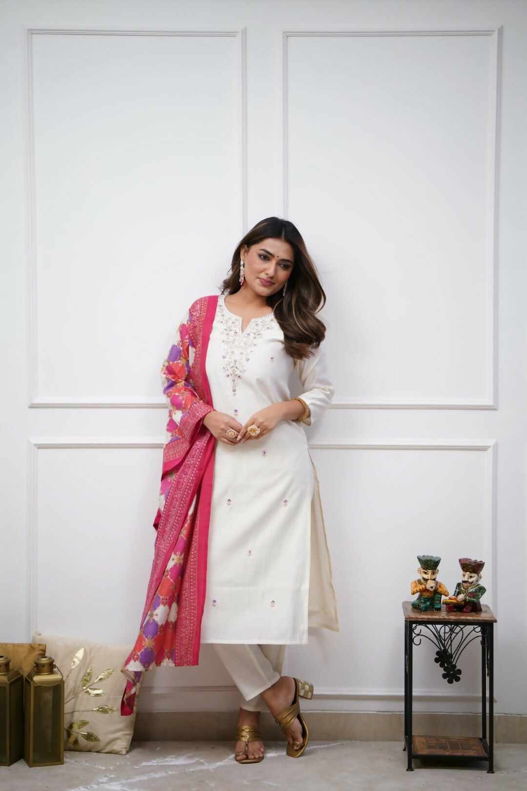 The52 Off White Beautiful Embroidered Viscose Chanderi Fabric Straight Kurta Pant with Dupatta Set