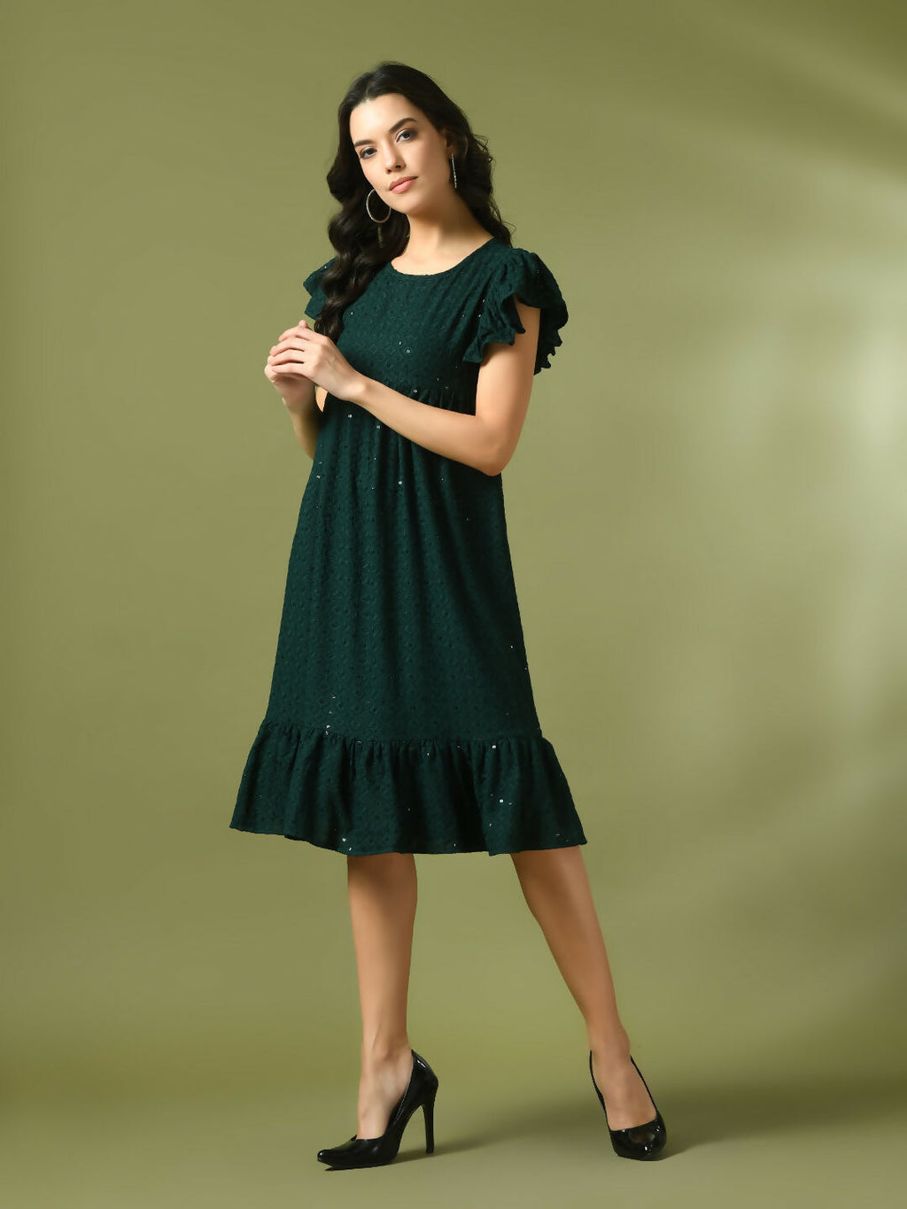 Myshka Women's Green Embroidered Cotton Round Neck A-Line Party Dress