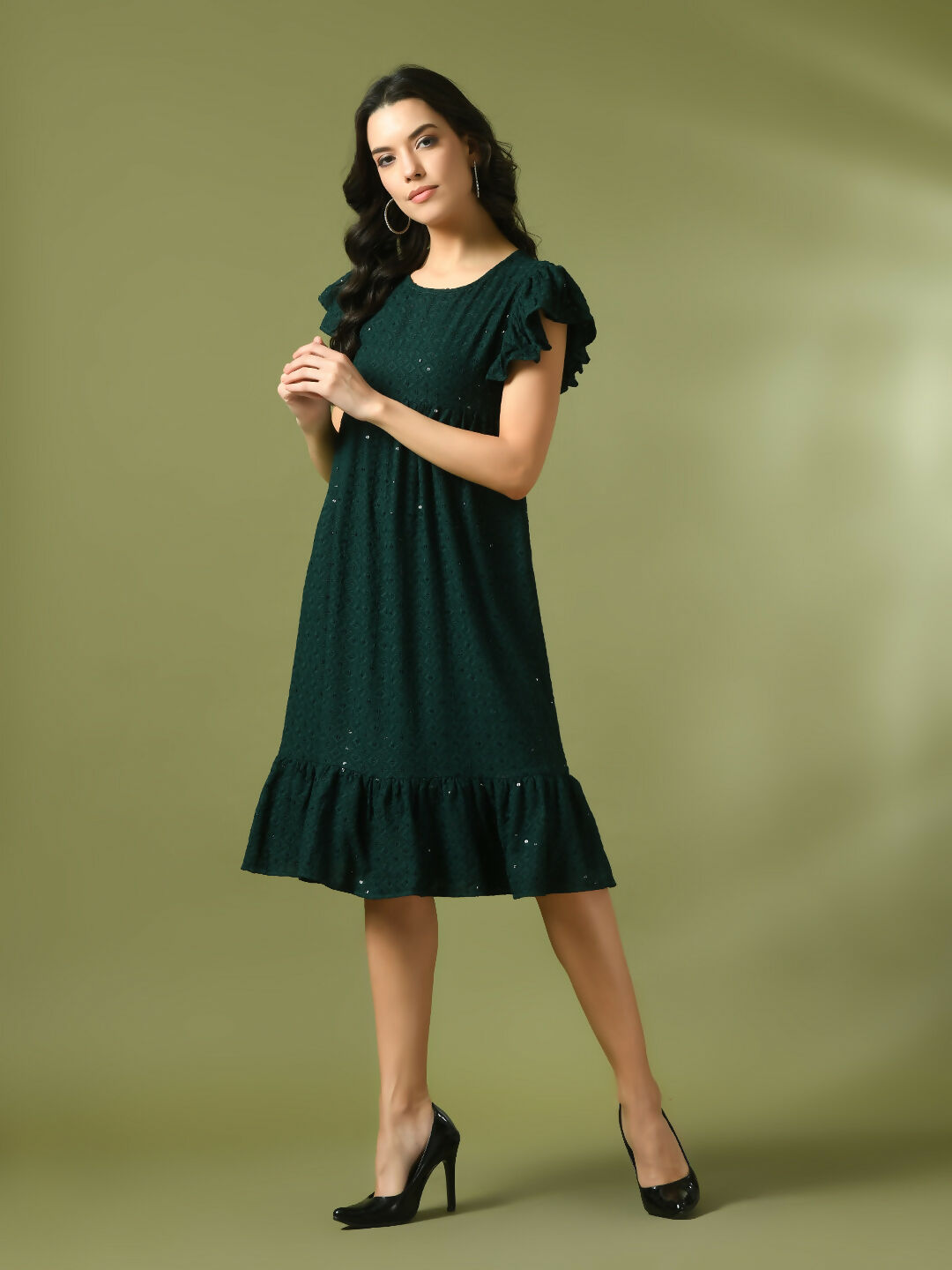 Myshka Women's Green Embroidered Cotton Round Neck A-Line Party Dress