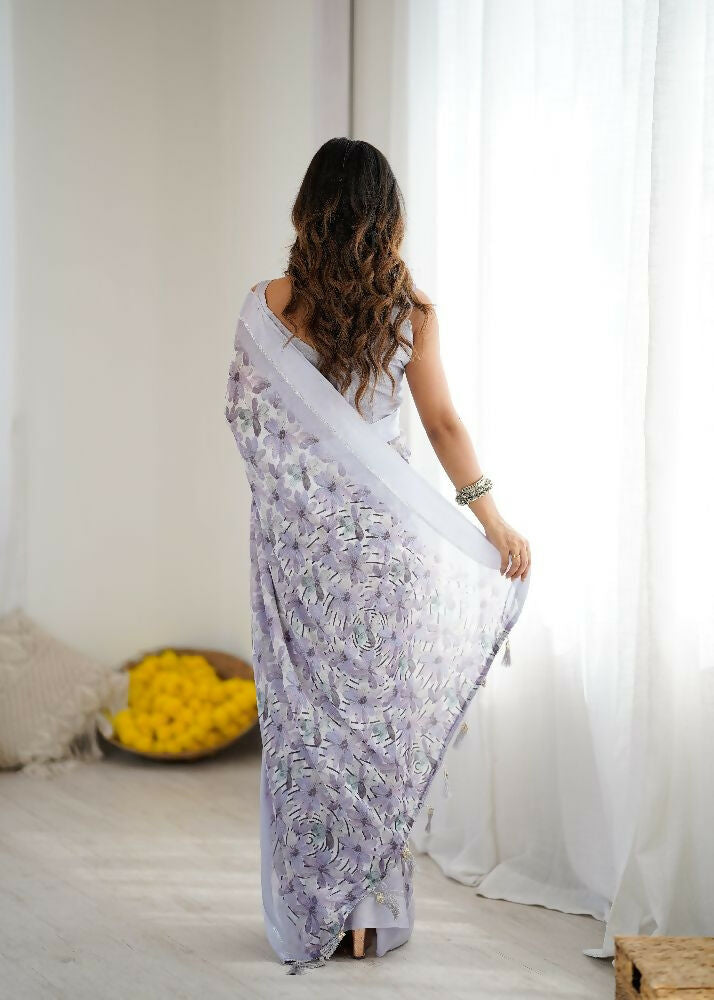 PR Fashion Light_Purple Bright Moss Satin Patta Printed Saree